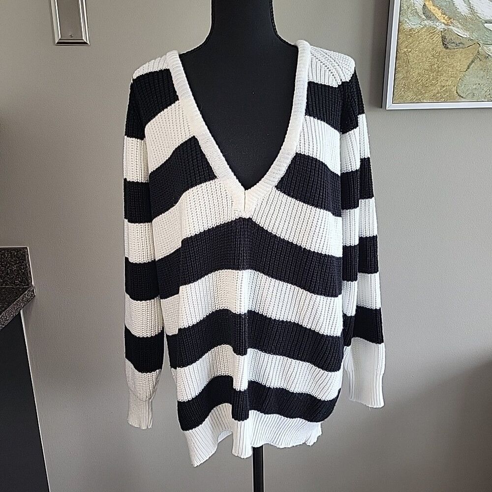 VTG‎ 80s Duck Soup Sweater Black White Striped V Neck L 44 Mens Womens Oversized